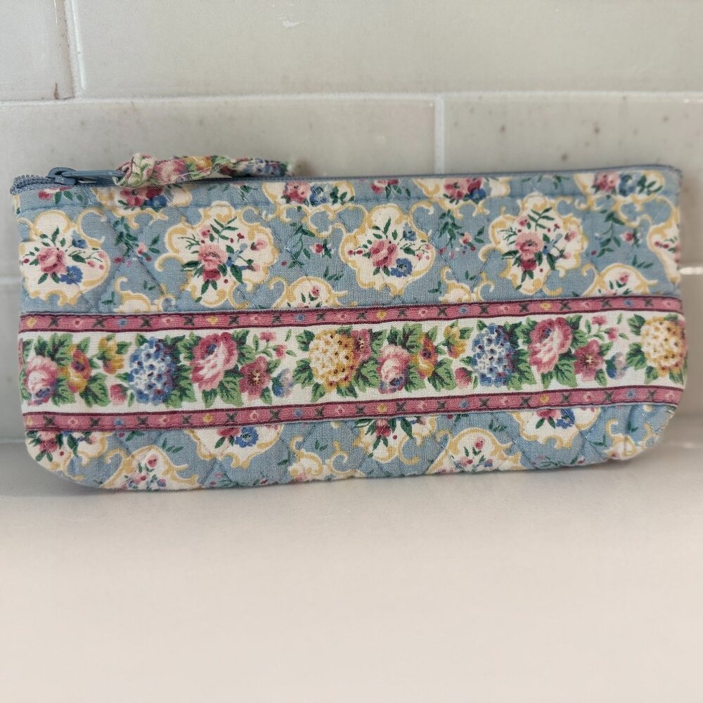 Vintage Vera Bradley Floral Quilted Cosmetic Bag Blue Yellow Gingham Lining